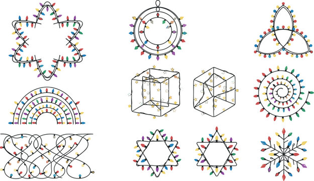 Colorful fairy lights collection featuring neon star shapes hanging circular lamps spiral borders and winter holiday glowing decorations
