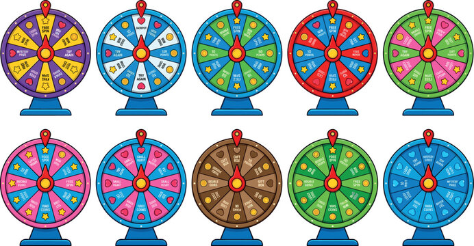 Colorful fortune wheel of luck vector icon set featuring flat cartoon illustration of gambling roulette casino game spin prize wheels