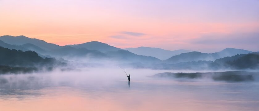Fly Fisherman Casting Rod in River at Sunrise Morning Banner. Peaceful Freshwater Fishing Adventure, Outdoor Recreation, Nature Landscape, Angling Lifestyle