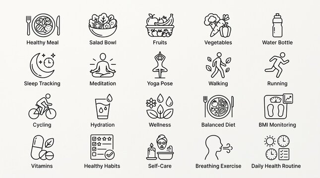 Corporate wellness and professional sports lifestyle icon set representing healthy habits and balanced daily routines for productivity and health