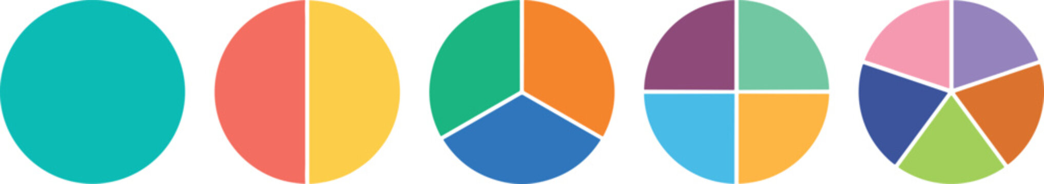 Colorful fraction circles pie chart vector icon set showing divisions into whole halves thirds quarters and fifths segments isolated on white