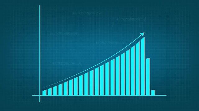 Financial business growth chart with rising bars and arrow, digital infographic, increasing success, trading market analysis, economic progress, upward trend, abstract concept.