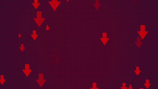 dynamic graphic animation showing numerous red down arrows moving downward against dark red grid background, representing stock market crash, financial crisis, economic decline, and business loss.