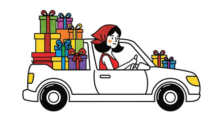 Fototapeta premium woman driving car loaded with gifts