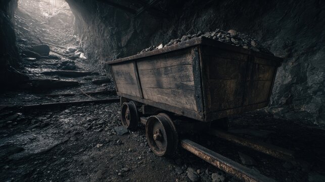 Old mine cart filled with rocks underground