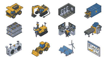 Isometric industrial icons set including construction vehicles, machinery, and renewable energy sources. © gacor