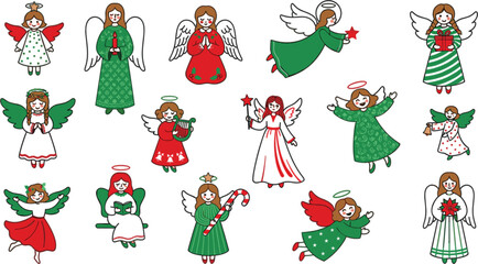 Naklejka premium Set of cute christmas angels with wings and halos, festive holiday characters in red and green outfits, vector illustration