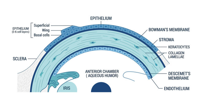Anatomical cross section diagram of the human eye cornea layers.