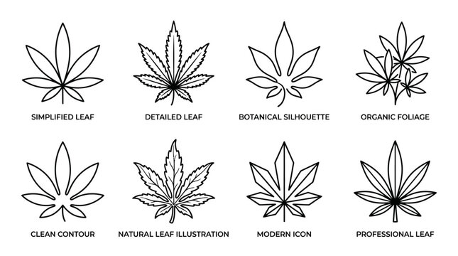 Professional collection of cannabis leaf icons and botanical line art illustrations for marijuana and hemp plant design concepts