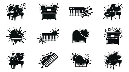 Obraz premium Elegant Black and White Abstract Splatter Painted Piano and Keyboard Icon Set for Music Design with high quality professional line art symbols for modern creative design and digital branding projects