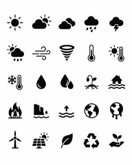 Naklejka premium Weather forecast, climate change, and environmental protection icons: global warming, sustainability, nature collection.
