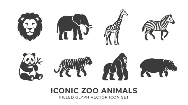 Collection of Iconic Zoo Animal Silhouettes Lion, Elephant, Giraffe, Zebra, Panda, Tiger, Gorilla, Hippopotamus Glyph Vector Set