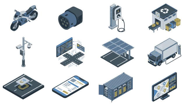 Collection of isometric icons representing modern technology and infrastructure, including electric vehicles, charging stations, and smart city elements.