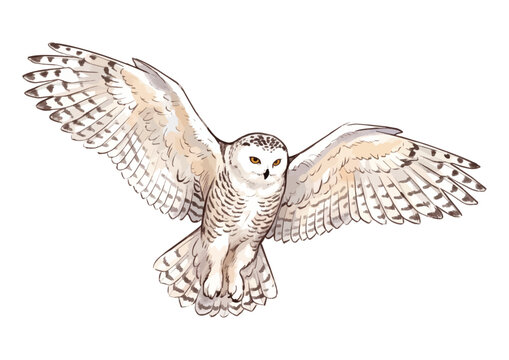 Striking snowy owl illustration, vivid detailed white feathers with captivating eyes and a glossy high impact visual style ／ シズル感のあるシロフクロウのイラスト、白く美しい羽毛と印象的な眼差しを鮮やかに表現した高インパクトなビジュアル