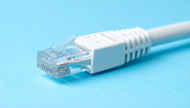 Close Up of White Ethernet Network Cable on Blue Background