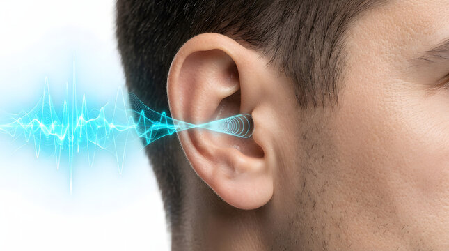 Human ear receiving sound waves with digital audio visualization. Medical illustration of hearing technology and auditory signal processing.