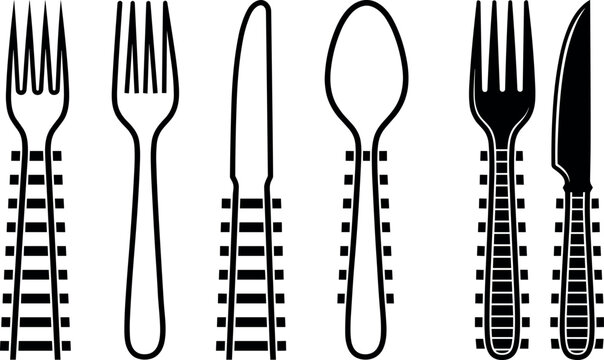 Creative restaurant silverware collection combining forks knives and spoon silhouette icons with railroad track textures isolated