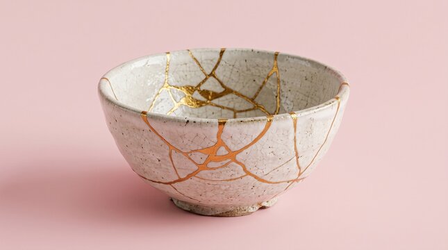 Kintsugi bowl with golden cracks on pink background