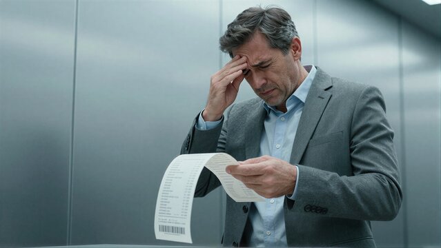 Man in suit holds bill, head in hand, stressed by financial charges.