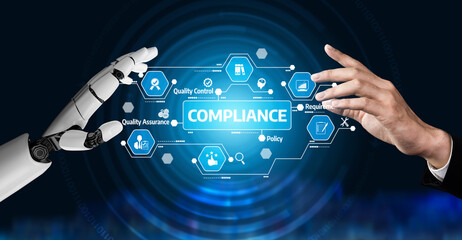 Obraz premium A robotic hand engages with a compliance interface, showcasing elements of quality control and assurance through digital technology in business regulation. Tessel