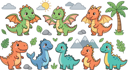Cute Cartoon Dinosaur and Baby Dragon Vector Character Set with Prehistoric Palm Tree Mountains Sun Clouds and Tropical Leaf Elements © Prodip