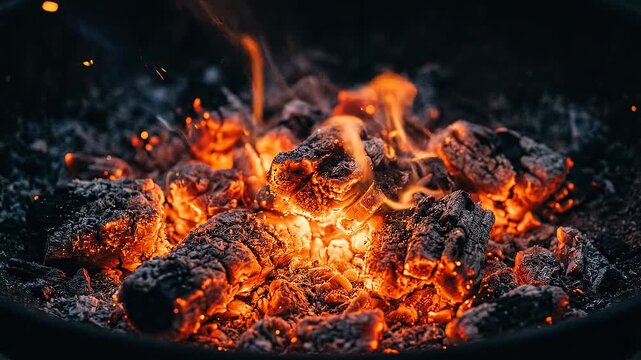 Glowing embers and flames in firepit