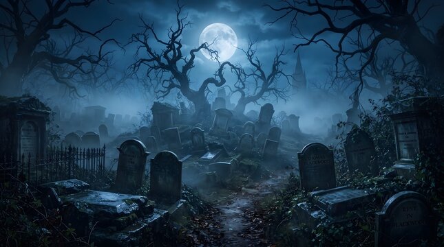 Spooky cemetery under a full moon. Eerie graveyard landscape with fog and dark trees.