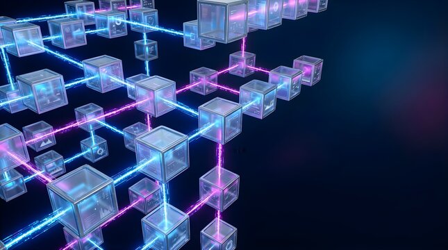Digital blockchain network with glowing data cubes and neon light lines