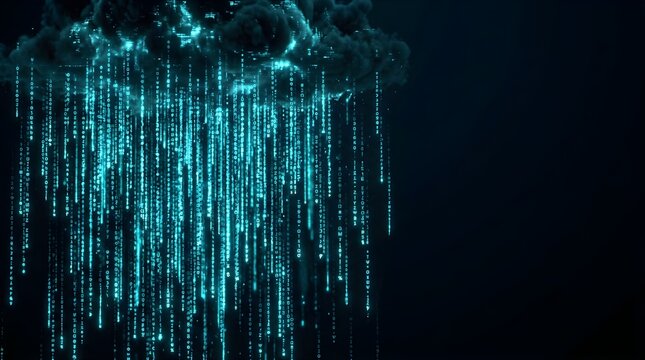 Digital cloud raining binary code data streams for technology background
