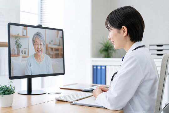 Japanese female doctor talking with a senior woman patient during an online telemedicine consultation, オンライン診療でシニア女性の患者と話す日本人の女性医師 遠隔医療のイメージ
