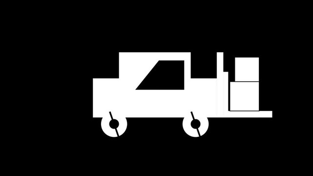 Simple white forklift icon on black background for logistics and industry.