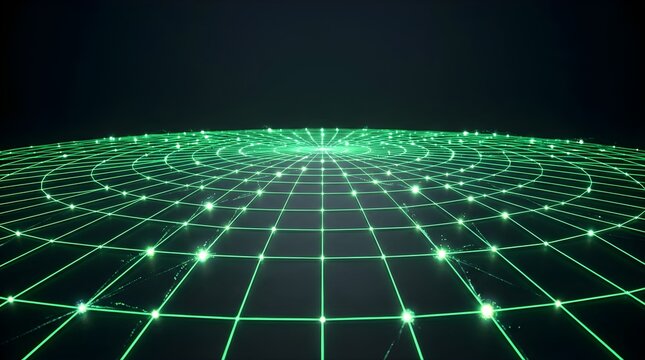 Futuristic digital green radial grid background with glowing light nodes