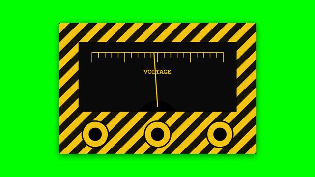 Vintage Voltage Meter with Warning Stripes on Green Screen Background.