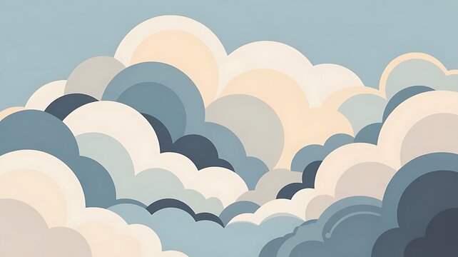 Minimalist flat pattern of overlapping rounded clouds in muted blue and beige tones