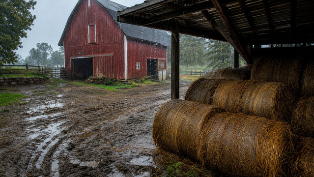 Red Farm Barn and Hay Bales on a Rainy Day