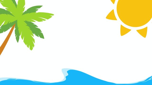 Tropical summer frame animation transition with palm tree, bright sun, and sea waves entering and exiting screen, 4K motion graphics with copy space