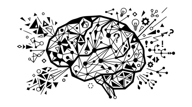 Abstract brain illustration with dynamic neural connections and thought symbols representing creativity and innovation