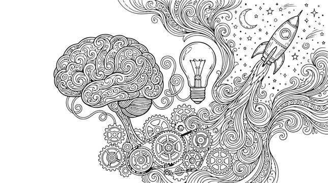 Abstract brainstorming illustration with innovation concepts including lightbulb rocket and gears in intricate line art