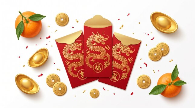 Chinese New Year Red Envelopes with Golden Dragon, Gold Ingots, Lucky Coins and Mandarin Oranges Festive Vector Illustration