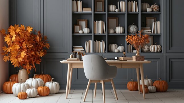 Autumn home office interior with fall decor pumpkins on a wooden desk and bookshelf