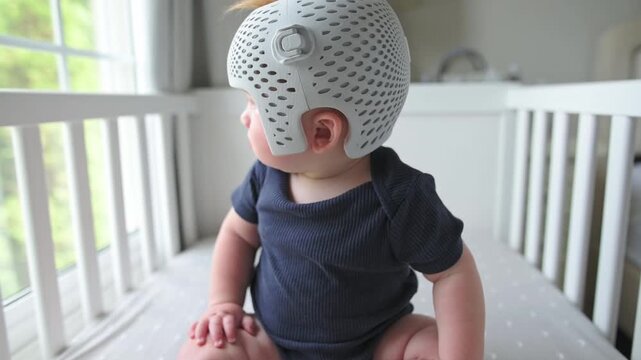 Baby in a helmet sits on a crib mattress, gazing out the window with curiosity in a well-lit, comfortable nursery environment