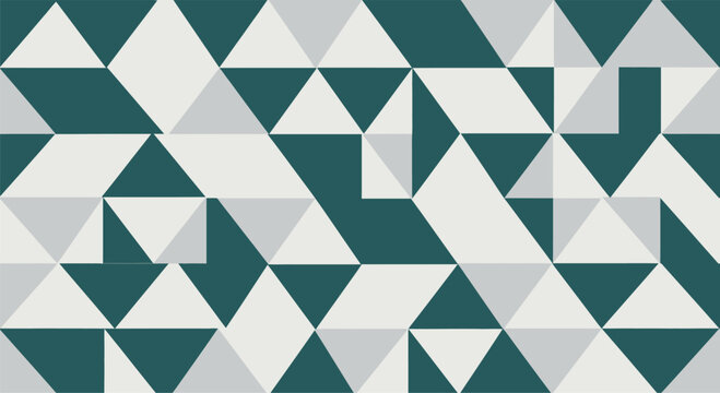 Abstract geometric background featuring a seamless mosaic pattern of triangles and polygons in dark teal, light grey, and off-white colors, ideal for modern graphic design and web backgrounds.