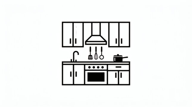 Minimalist kitchen interior logo design featuring modern stove cabinets and range hood icon for residential home decor project
