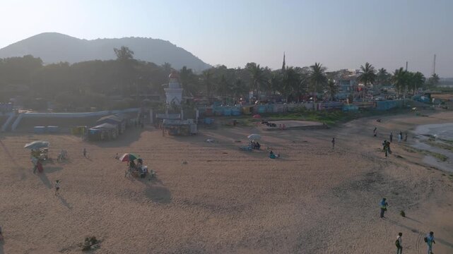 Aerial view of RK Beach, Bheemunipatnam Beach, Natural rock arch, Tenneti Park, MV MAA Ship, Visakhapatnam, India.