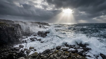 Fototapeta premium Sun rays breaking through clouds over stormy sea cliffs
