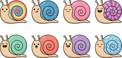 Cute kawaii snail characters colorful vector icon set featuring cartoon garden slugs with rainbow polka dot pattern shells illustrations © Prodip