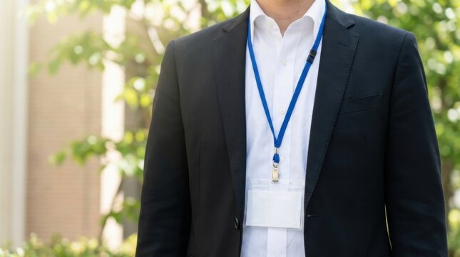 Professional Businessman Wearing Black Suit White Shirt and Blue Lanyard Standing Outdoors
