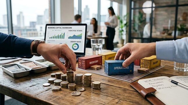 Close-up of executives arranging stacked coins and mini cargo containers on a wooden desk near a laptop with financial charts, representing supply chain logistics, capital, and investment strategy.