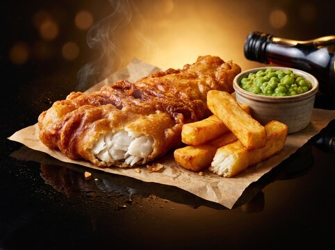 Classic British Fish and Chips with Mushy Peas on Dark Wooden Background