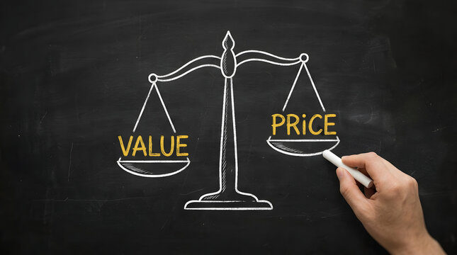 Hand drawing a balance scale with value and price on a blackboard with chalk, business, concept